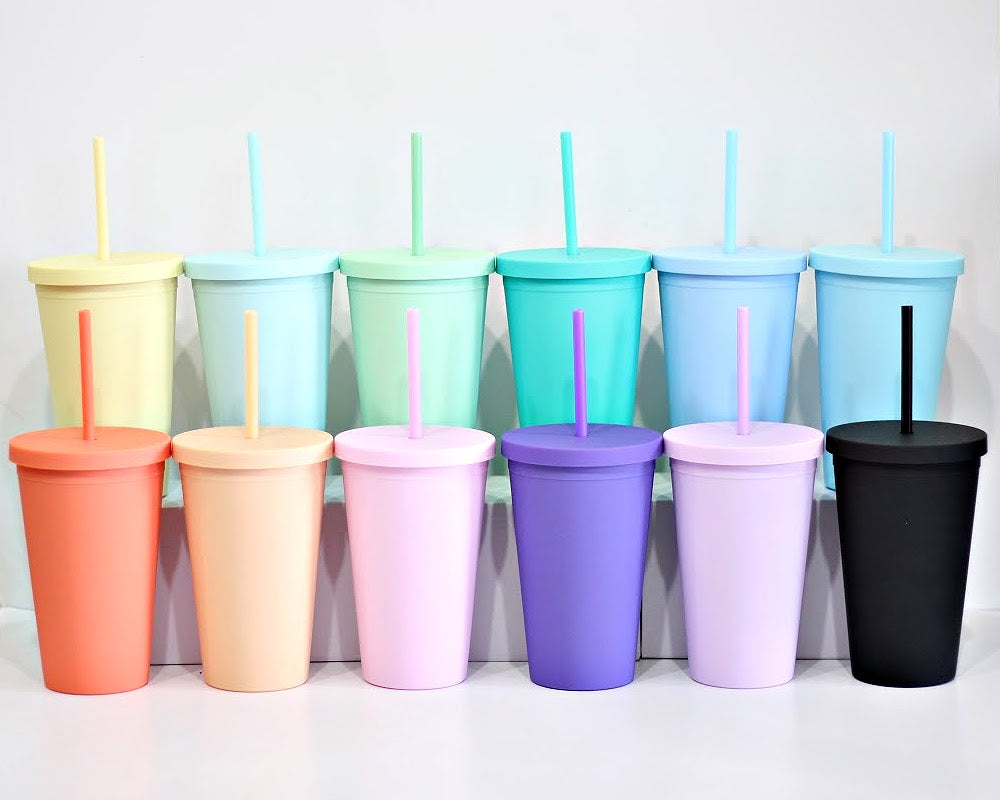Modwnfy Skinny Tumblers Bulk(12 Pack), 16oz Matte Black Tumblers with Lids and Straws, Reusable Pastel Acrylic Tumblers, Double Wall Plastic